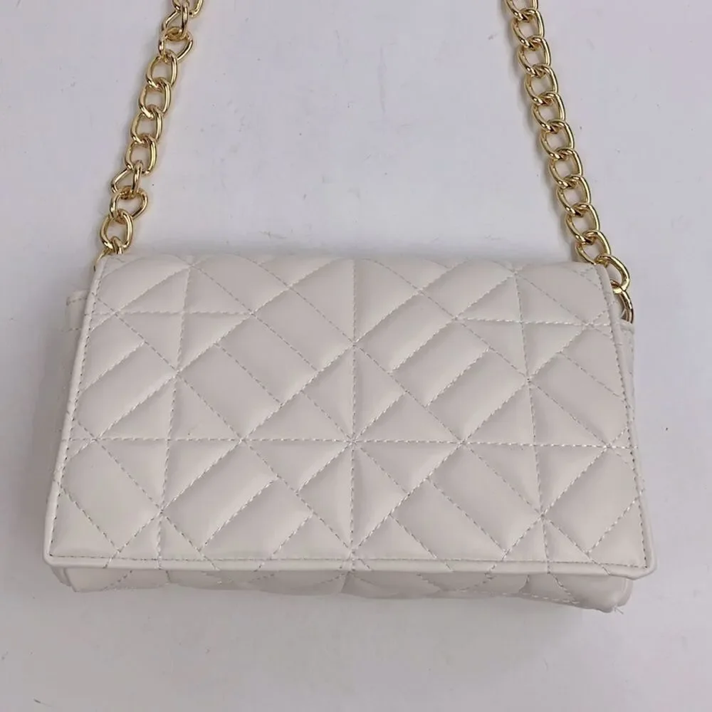 Quilted Creme Chain Strap Handbag purse clutch Lined Zip pocket Snap close New